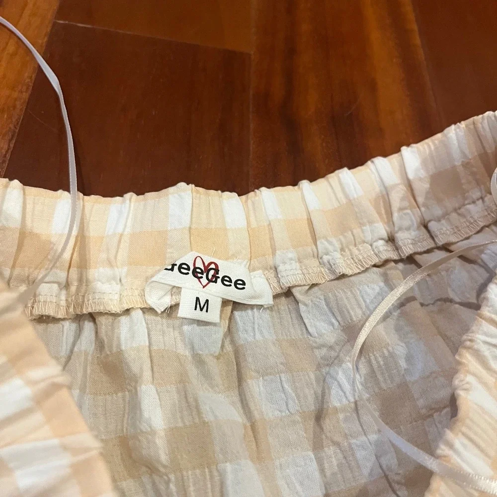 Gingham Skirt Top Set Light Beige Crop Halter Crossback Maxi Tier Cottagecore M - Picture 9 of 11